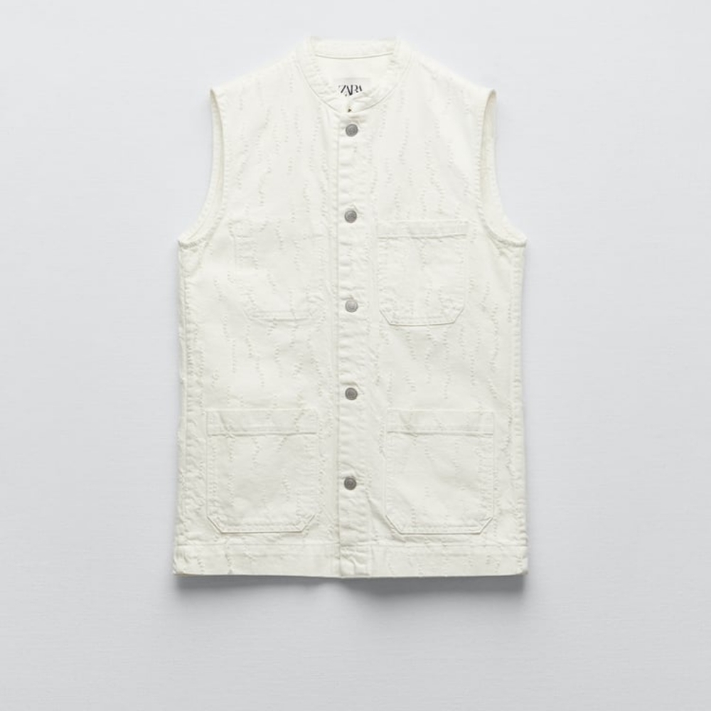 Zara co-ord set Textured Pocket Vest SZ L+ textured distressed pants 8 Ecru nwt - Picture 5 of 16